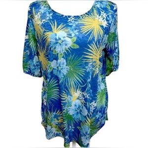 Ruby Rd. Blue and Yellow Relaxed 3/4 Sleeve Blouse